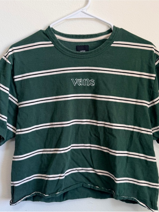 Vans Tops - Vans off the wall Green and Cream Striped Embroidered cropped Logo Tee
